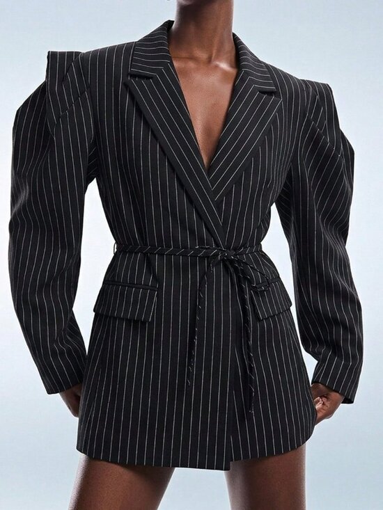 Jackets & Blazers - Black & White Casual Women's Cinched Waist Striped Wide Shoulder Blazer Jacket